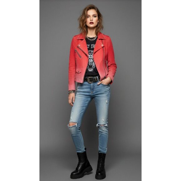 Rebecca Minkoff Long Sleeve Notch Lapel Collared Moto Jacket Pink Ombre Size M - Picture 4 of 16